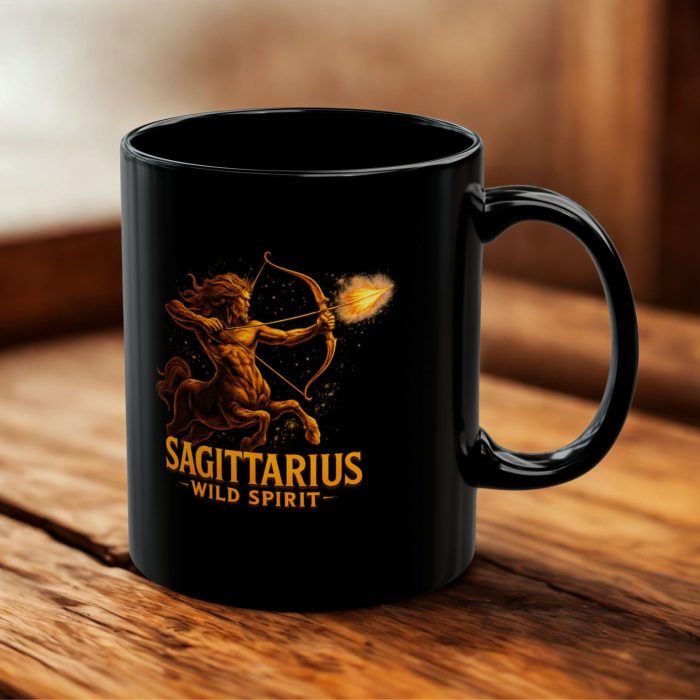 Sagittarius cup black mug with fiery centaur archer zodiac artwork on ceramic mug