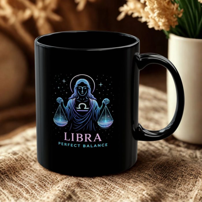 Libra mug black mug with cosmic scales zodiac artwork on ceramic mug