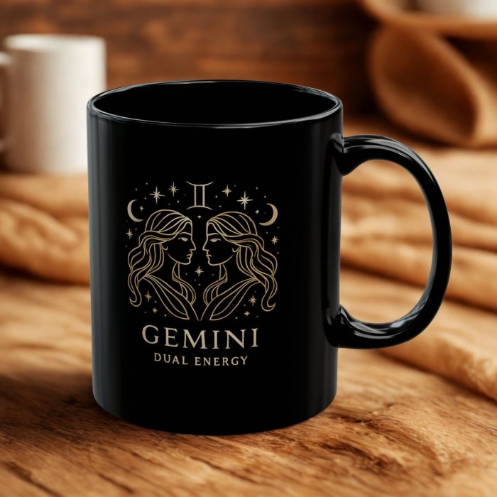 Gemini mug black mug with celestial twin zodiac artwork on ceramic mug