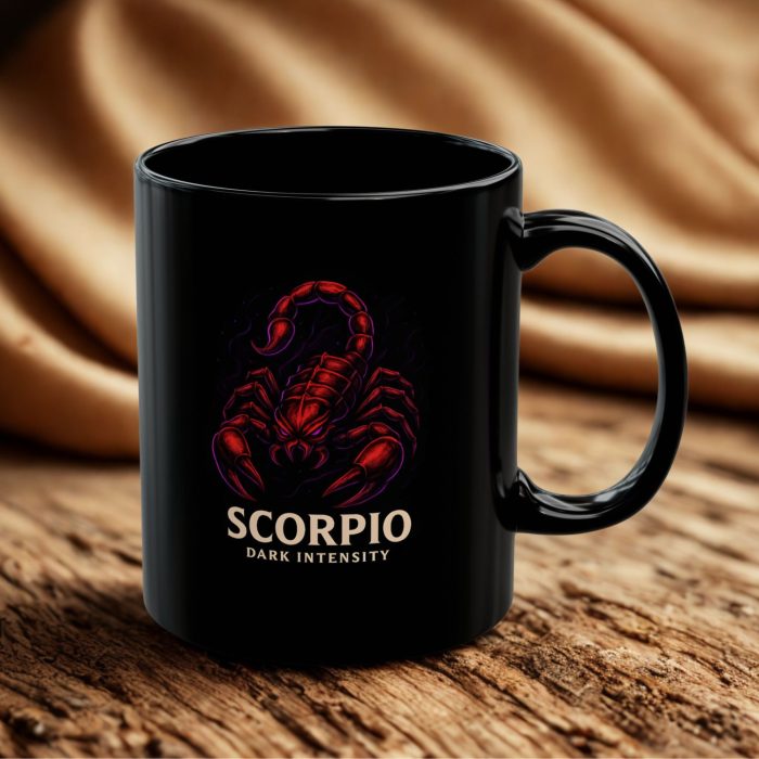 Scorpio cup black mug with glowing red scorpion zodiac artwork on ceramic mug