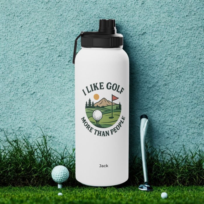 golf lover water bottle with personalised golf course design and custom name