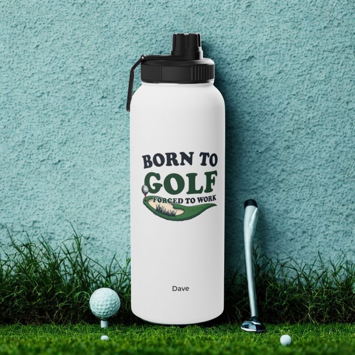 born to golf water bottle with golf design and personalised name