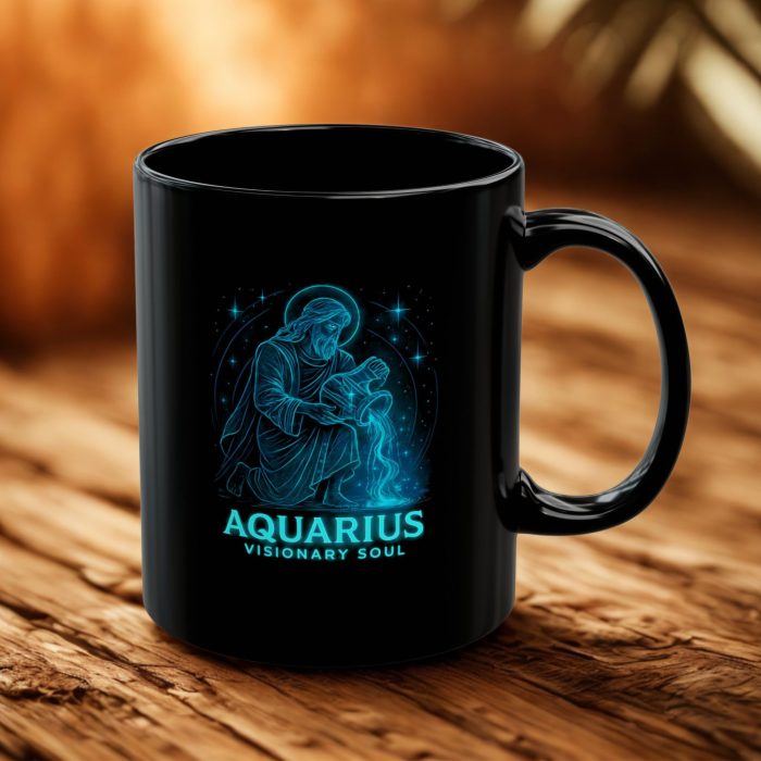 Aquarius cup black mug with glowing visionary zodiac artwork on ceramic mug