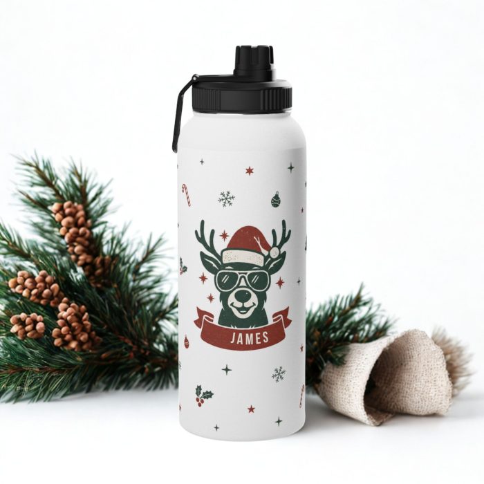 personalised reindeer water bottle with custom name and cool Christmas reindeer wearing sunglasses
