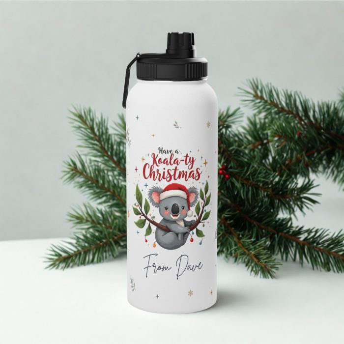 Personalised koala Christmas water bottle – Custom Name Aussie Sports Bottle