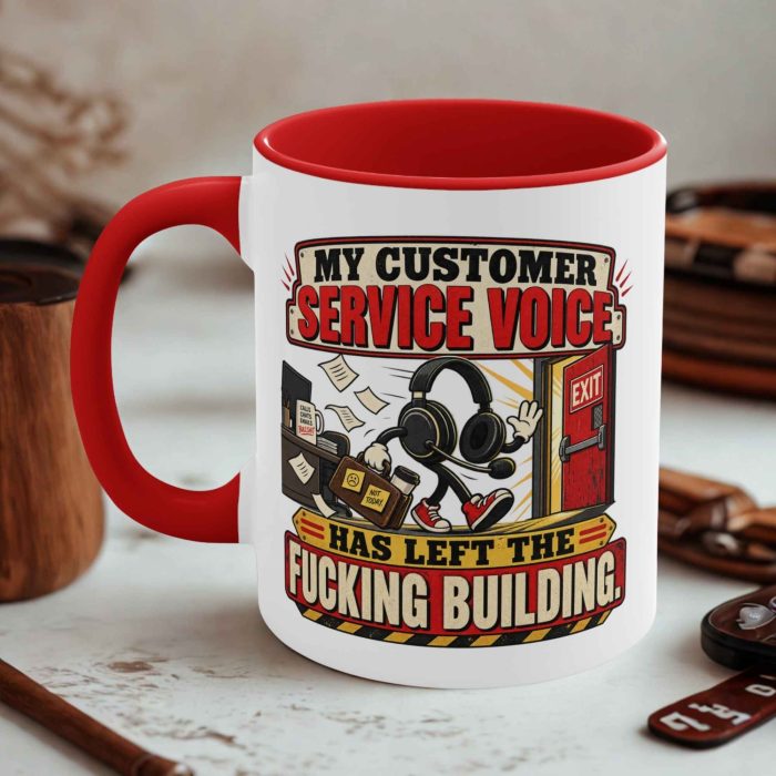 Customer service voice mug with headset leaving the office through an exit