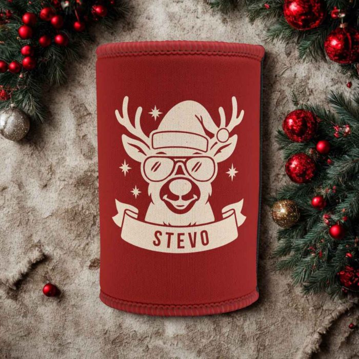 Personalised reindeer Christmas stubby cooler in red with sunglasses and custom name