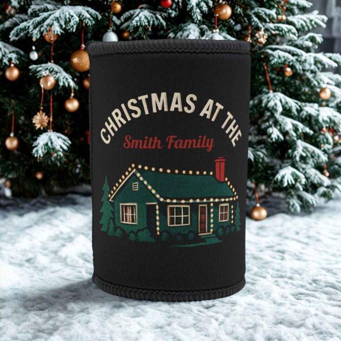 Personalised family Christmas stubby cooler with custom surname and festive house