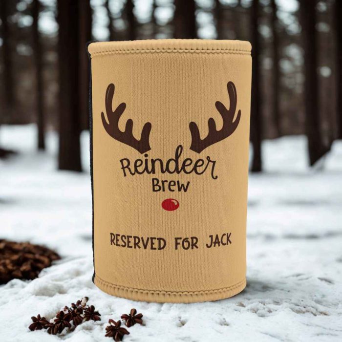 Personalised Reindeer Brew stubby cooler with antlers, red nose and custom name