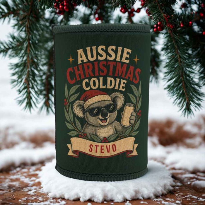 Personalised Koala Christmas Stubby Cooler – Custom Name Aussie Beer Holder