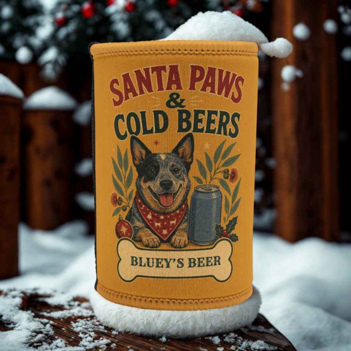 Personalised Dog Christmas Stubby Cooler – Blue Heeler Custom Beer Holder