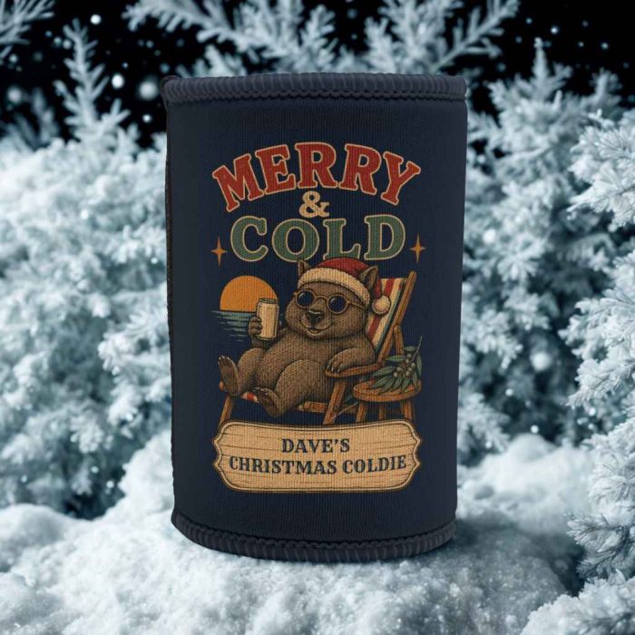 Personalised Wombat Christmas Stubby Cooler – Custom Aussie Coldie Holder