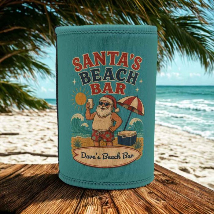 Personalised Beach Christmas Stubby Cooler – Custom Santa Beach Bar Holder