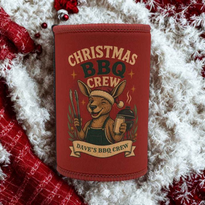Personalised kangaroo Christmas stubby cooler featuring an Aussie BBQ scene and sample text