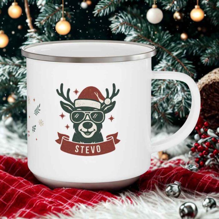Personalised reindeer camping mug with Santa hat, sunglasses and custom name