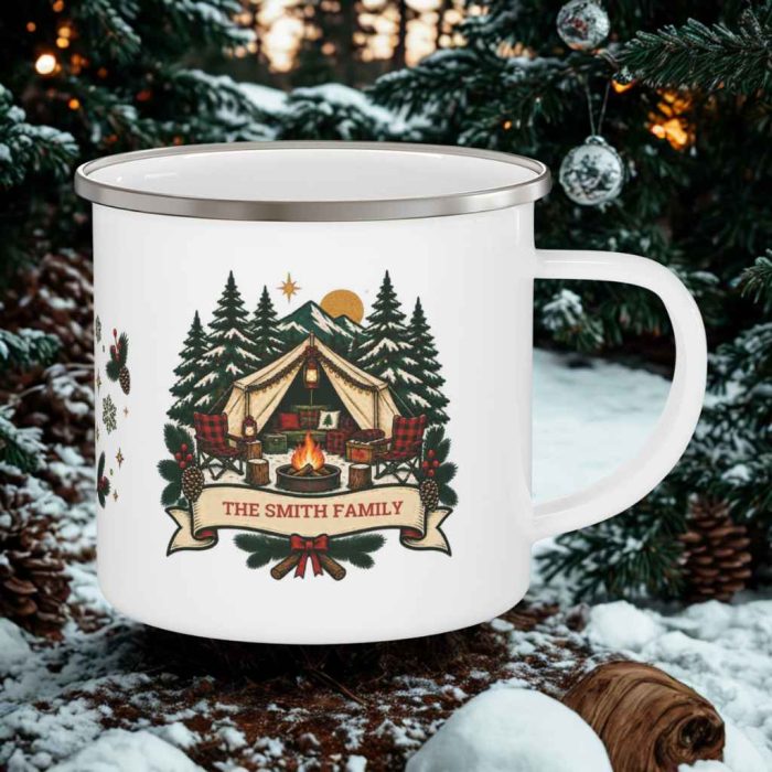 Personalised family camping mug with Christmas campsite and custom surname