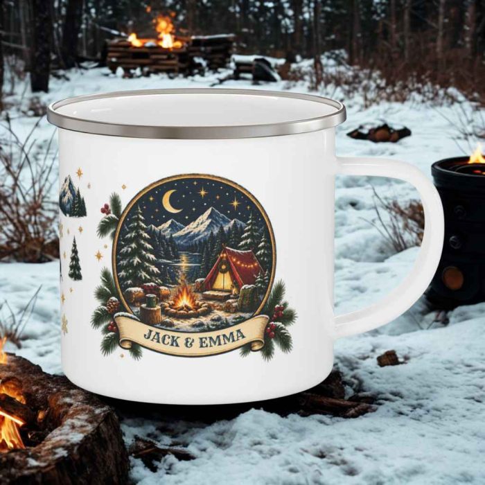 Personalised Couples Camping Mug – Custom Two-Name Christmas Enamel Mug (12oz)