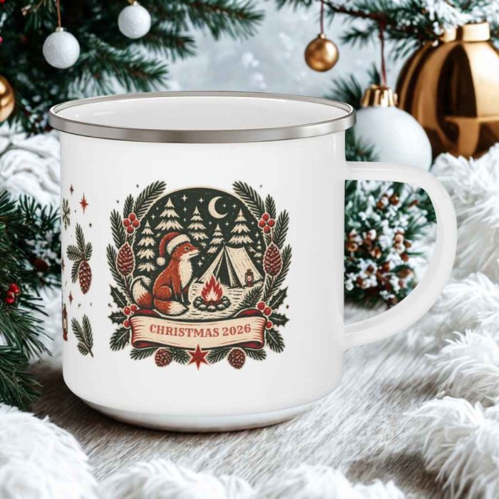 Personalised fox camping mug with festive campsite and custom Christmas year