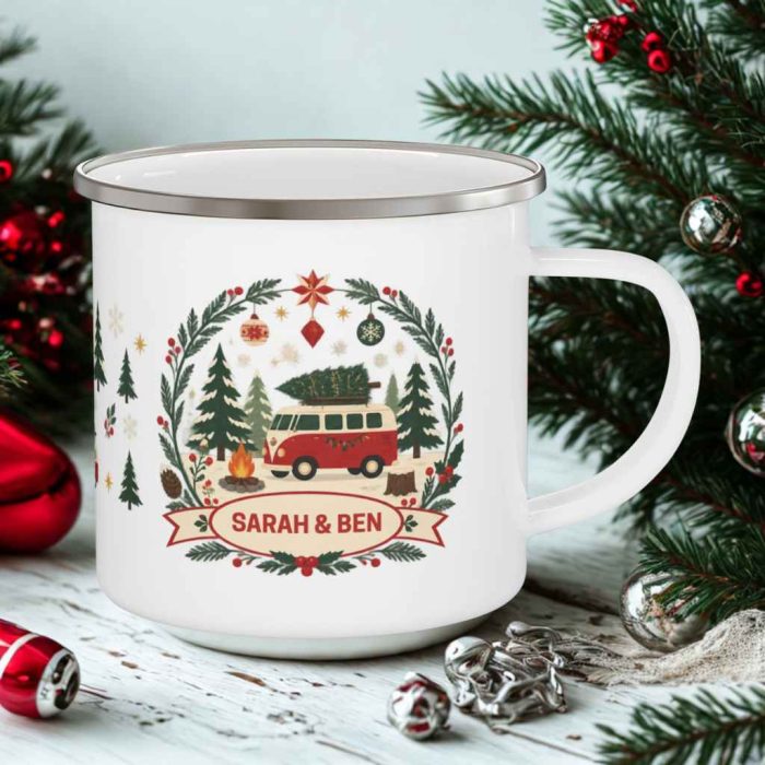 Personalised Christmas campervan mug with vintage red van and two custom names