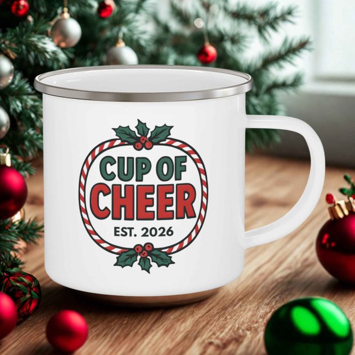 Cup of Cheer Camping Mug – Christmas 2026 Enamel Mug (12oz)