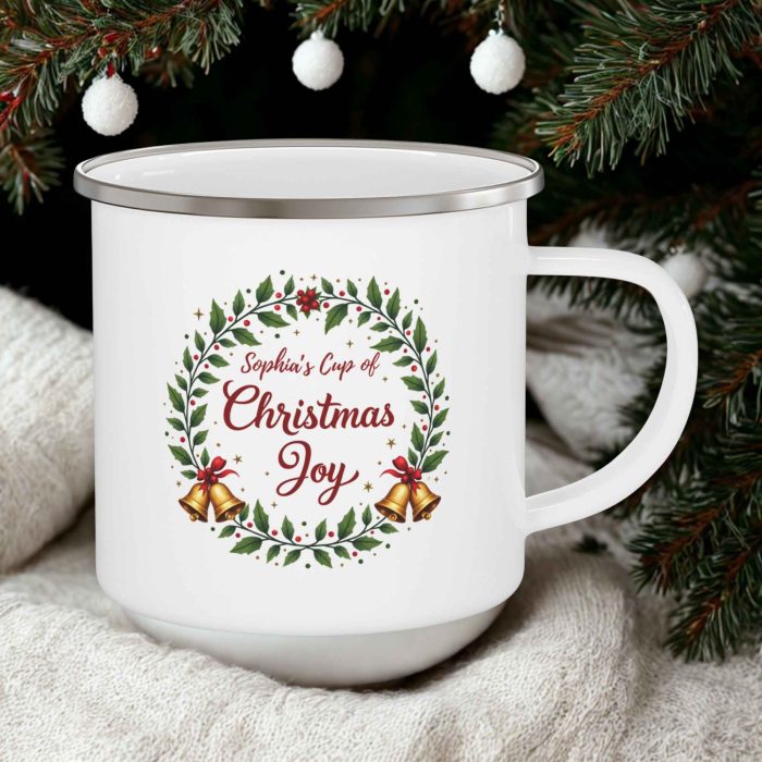Personalised Christmas Joy Camping Mug – Custom Name Enamel Mug (12oz)