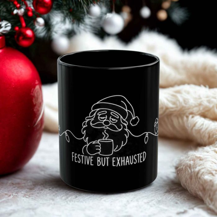 Festive but exhausted mug with tired Santa holding coffee