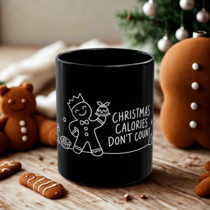 Christmas Calories Don’t Count mug with minimalist gingerbread artwork