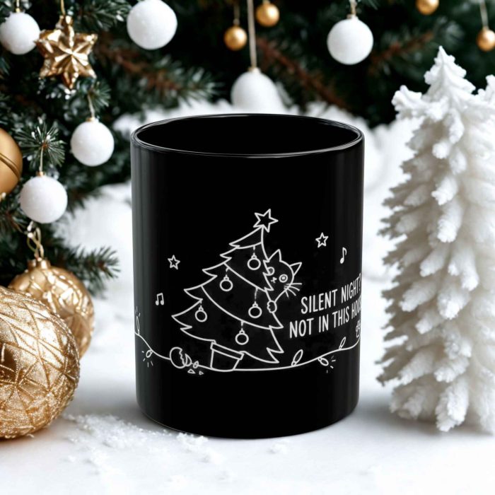 Silent Night Not in This House mug with cat and Christmas tree artwork