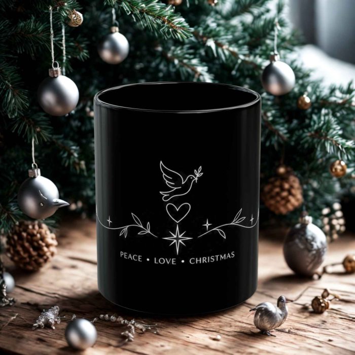 Peace Love Christmas mug with minimalist dove and heart artwork