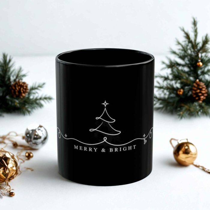 Merry and Bright mug with minimalist Christmas tree artwork