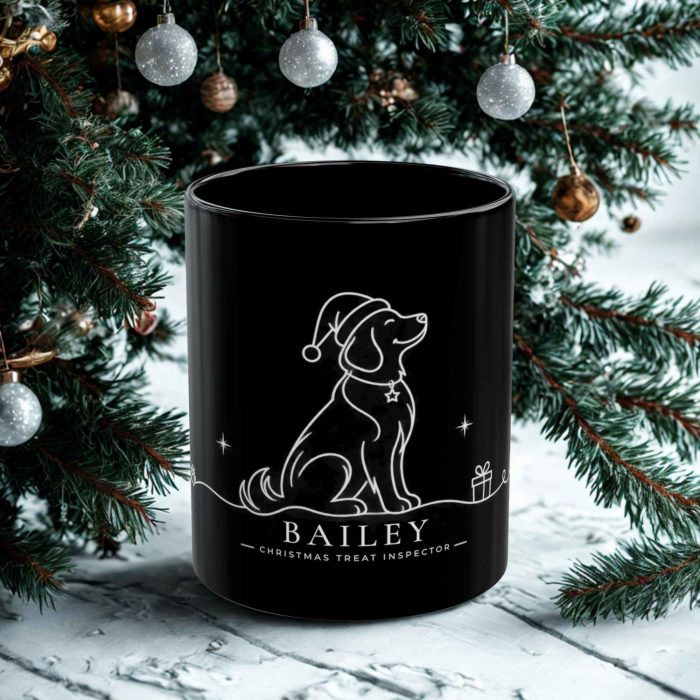 personalised black dog Christmas mug with Santa hat artwork