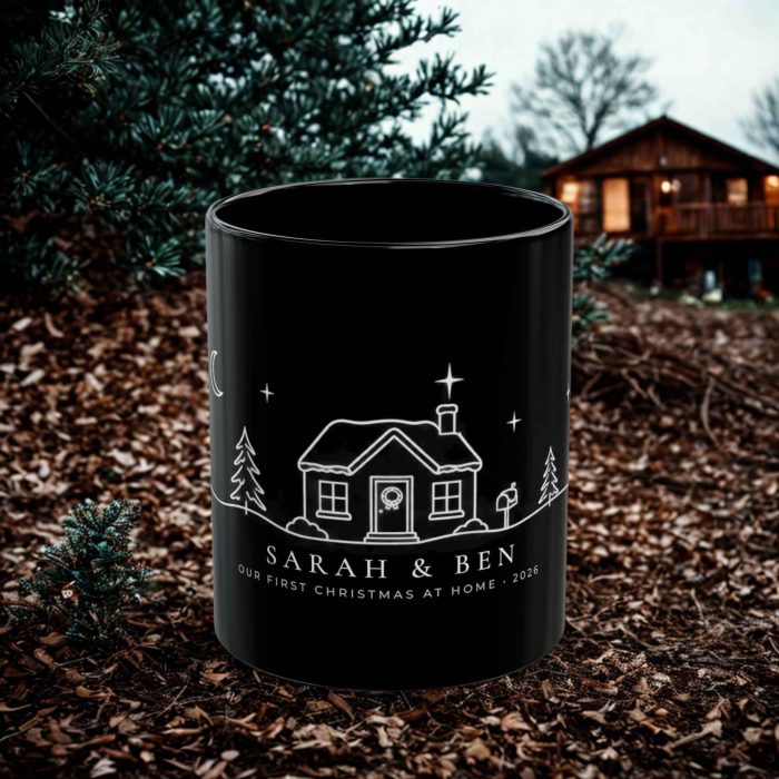Personalised first Christmas in new home mug with two names and year