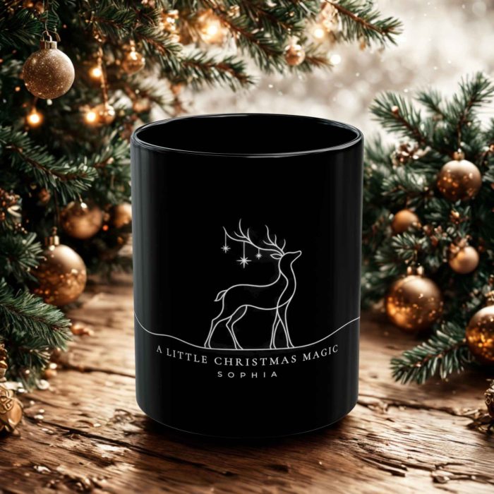 Personalised kids Christmas mug with custom name and reindeer artwork