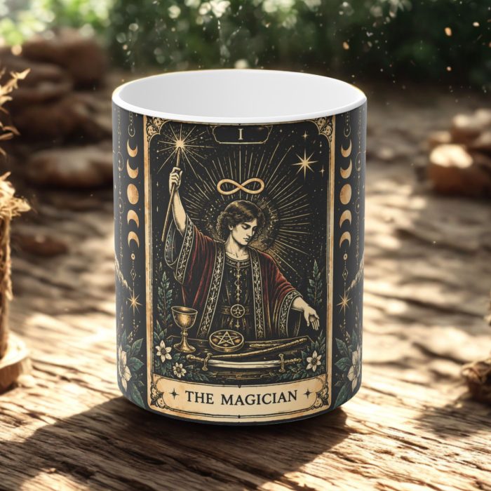 The Magician Tarot Magic Mug with infinity symbol and vintage celestial artwork