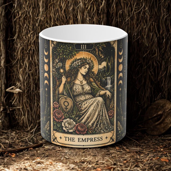 The Empress Tarot Magic Mug with flowers, greenery and vintage celestial artwork