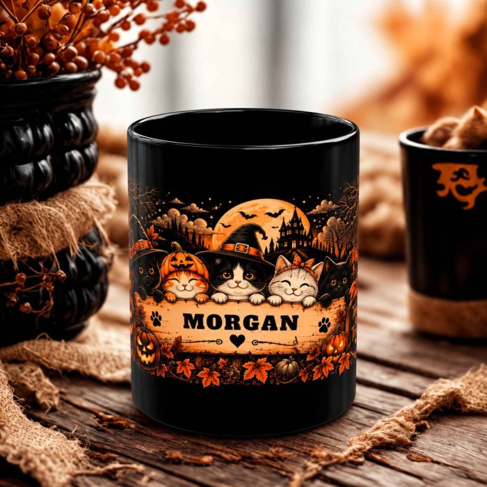 Personalised Halloween cat mug with custom name, witch cats, pumpkins and orange moon