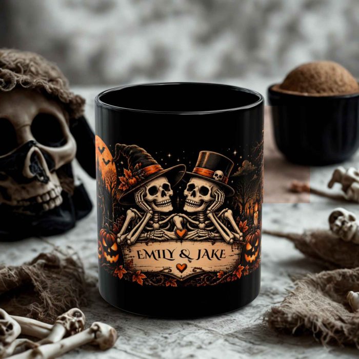 Personalised Halloween couple mug with two names and romantic skeleton pair