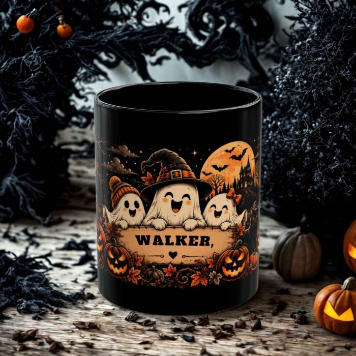 Personalised ghost mug with custom name, three cute ghosts and Halloween pumpkins