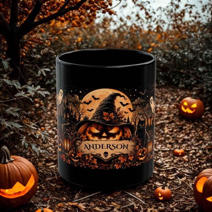 Personalised pumpkin mug with custom name, witch hat, black cat and Halloween moon