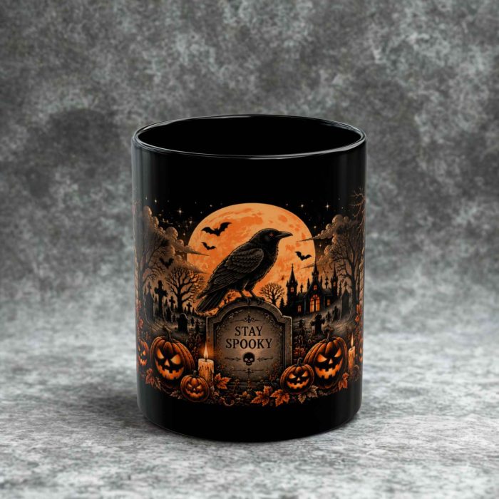 Raven Halloween Mug – Stay Spooky Graveyard Black Coffee Mug