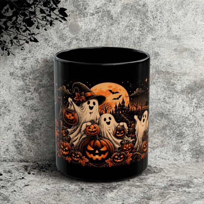 Trick or treat ghost mug with cute ghosts carrying pumpkin Halloween buckets