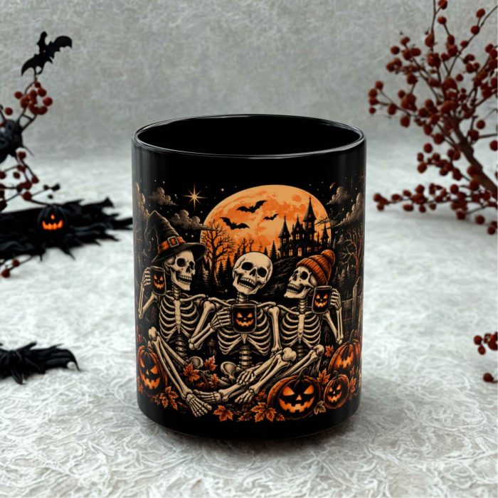 Skeleton Halloween mug with three skeletons, glowing pumpkins and orange moon