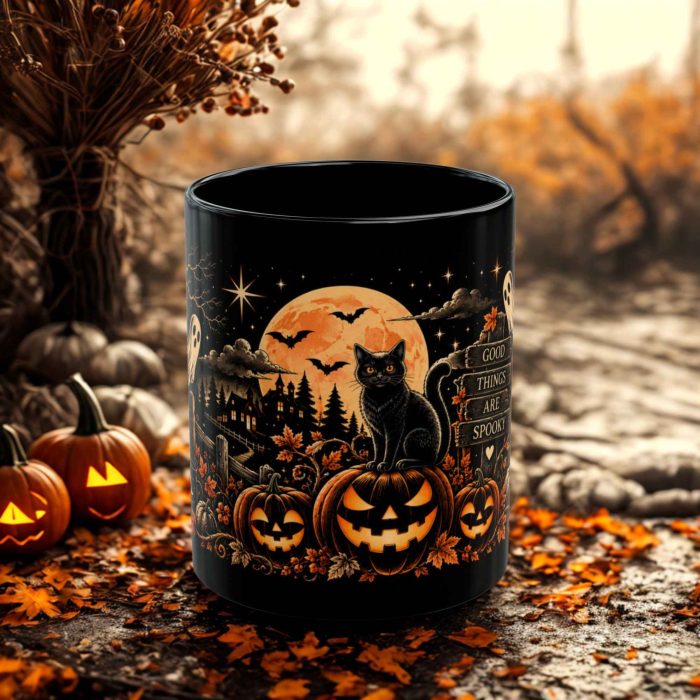 Black cat pumpkin mug with jack-o'-lanterns, orange moon and Halloween bats