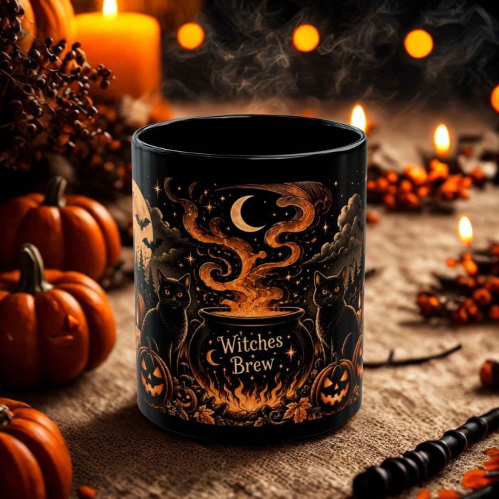 Witches brew Halloween mug with cauldron, black cats, pumpkins and crescent moon