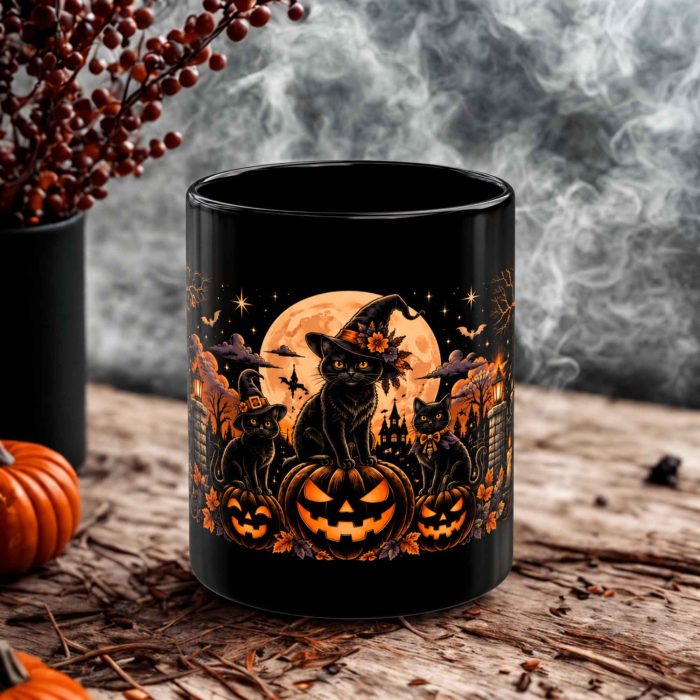 Witch cat mug with three black cats, witch hats and Halloween pumpkins
