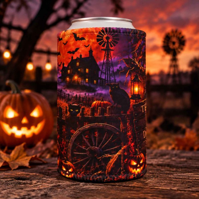 Trick or Drink Halloween stubby cooler with glowing pumpkins and spooky haunted scene