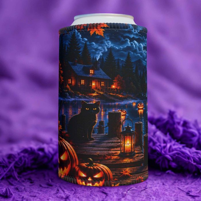 Halloween pumpkin lake stubby cooler with glowing jack-o’-lanterns and full moon