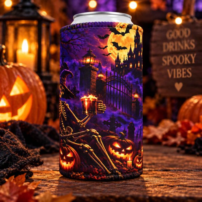 Skeleton Halloween stubby cooler with witch hat glowing pumpkins and spooky graveyard