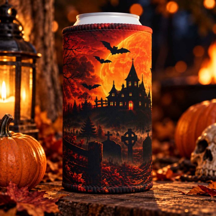 Haunted house Halloween stubby cooler with orange moon raven bats and pumpkins