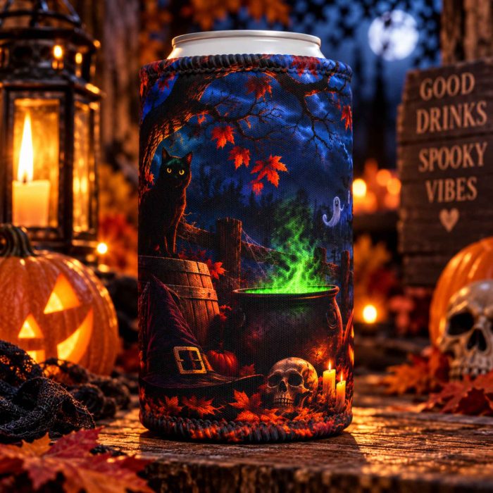 Witch cauldron Halloween stubby cooler with black cat glowing green potion and pumpkins